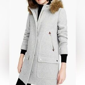 EUC J. Crew Gray wool melton Trench Coat with Faux Fur Hooded Sz 0